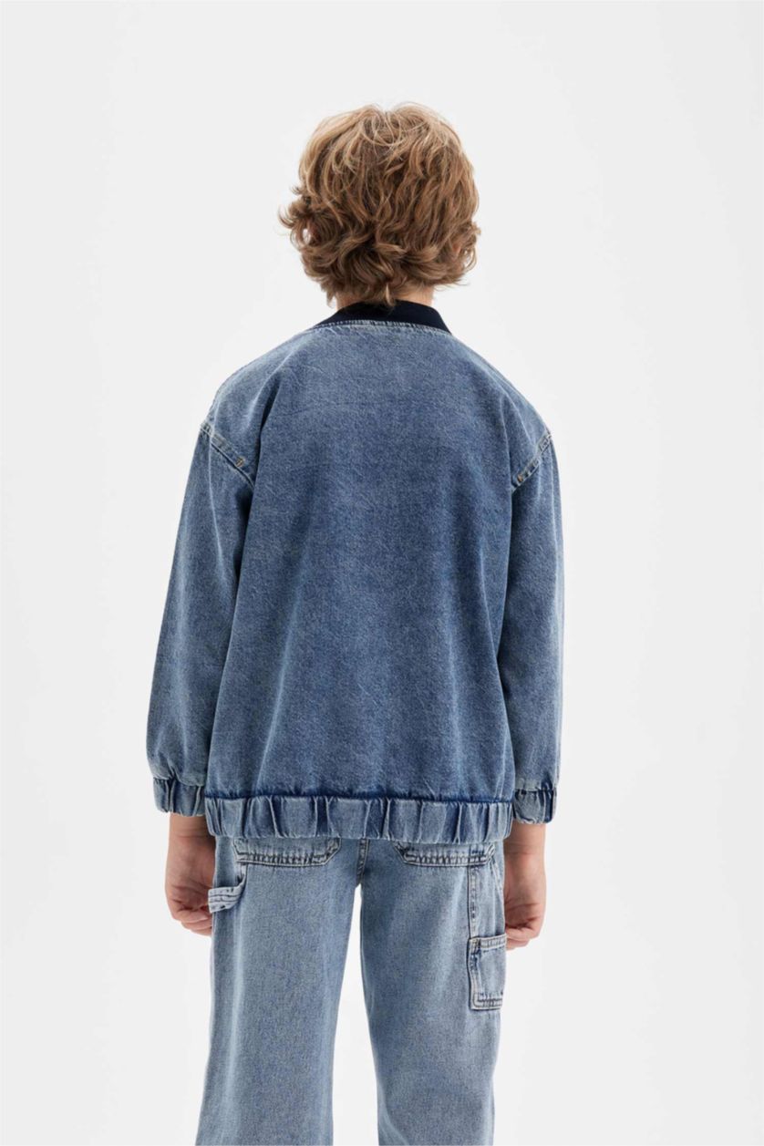 Erkek Çocuk - Genç Erkek Açık Mavi Kolej Yaka Fermuarlı Cepli Mevsimlik Baskılı Jean Bomber Ceket Erkek Çocuk