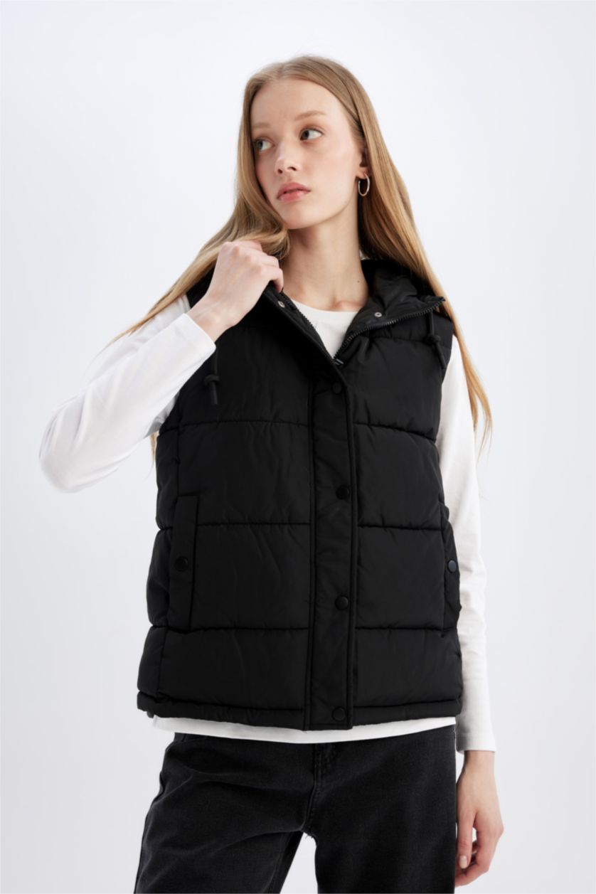 FEMME Noir Gilet à Capuche imperméable zippé à coupe régulière avec poches