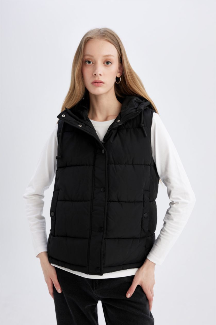 FEMME Noir Gilet à Capuche imperméable zippé à coupe régulière avec poches