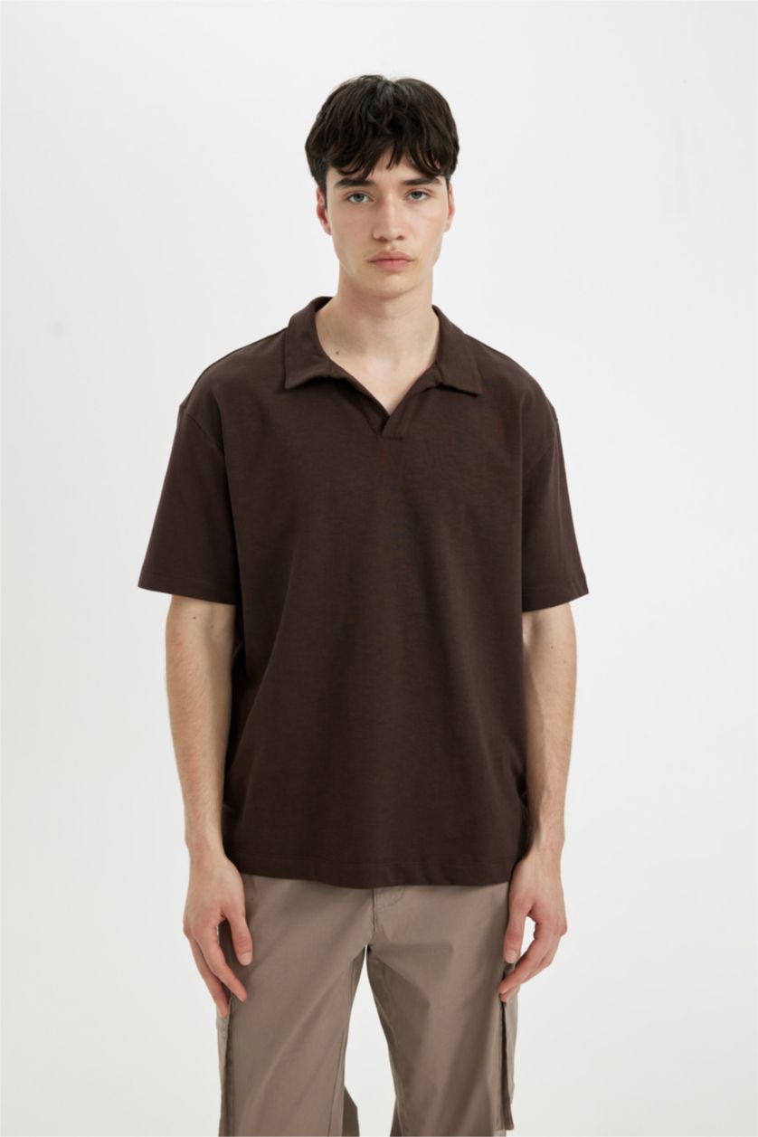 Erkek Kahve Relax Fit Basic Düz Kısa Kollu Polo Tişört