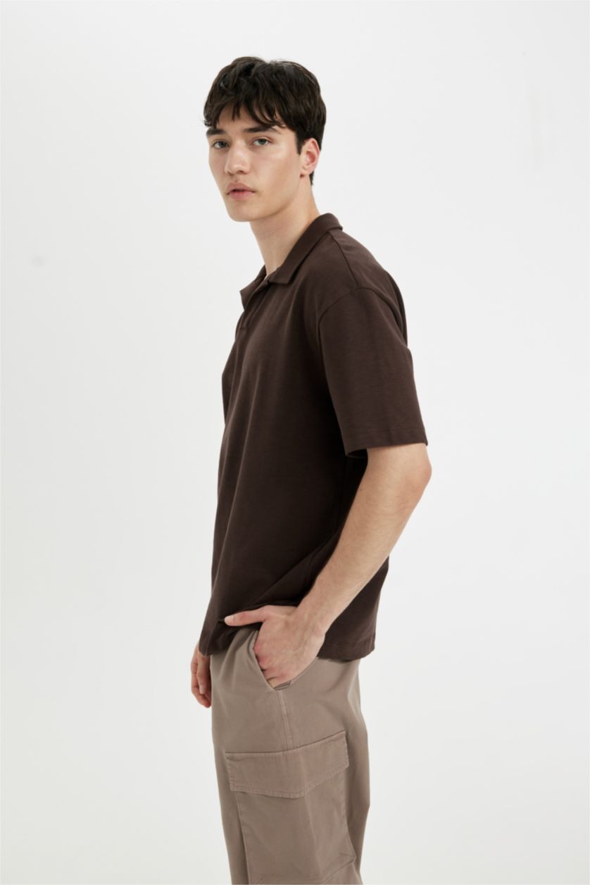 Erkek Kahve Relax Fit Basic Düz Kısa Kollu Polo Tişört