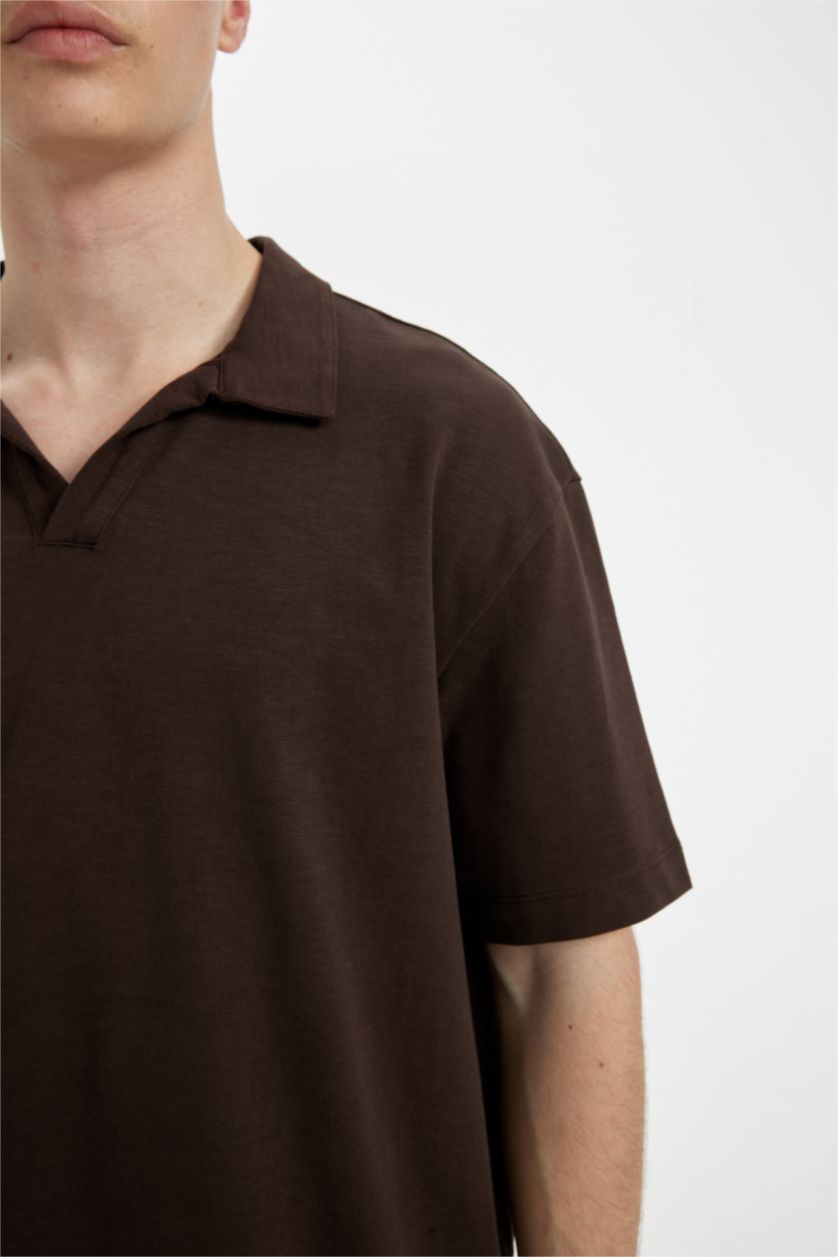 Erkek Kahve Relax Fit Basic Düz Kısa Kollu Polo Tişört