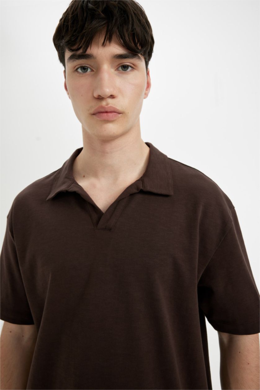 Erkek Kahve Relax Fit Basic Düz Kısa Kollu Polo Tişört