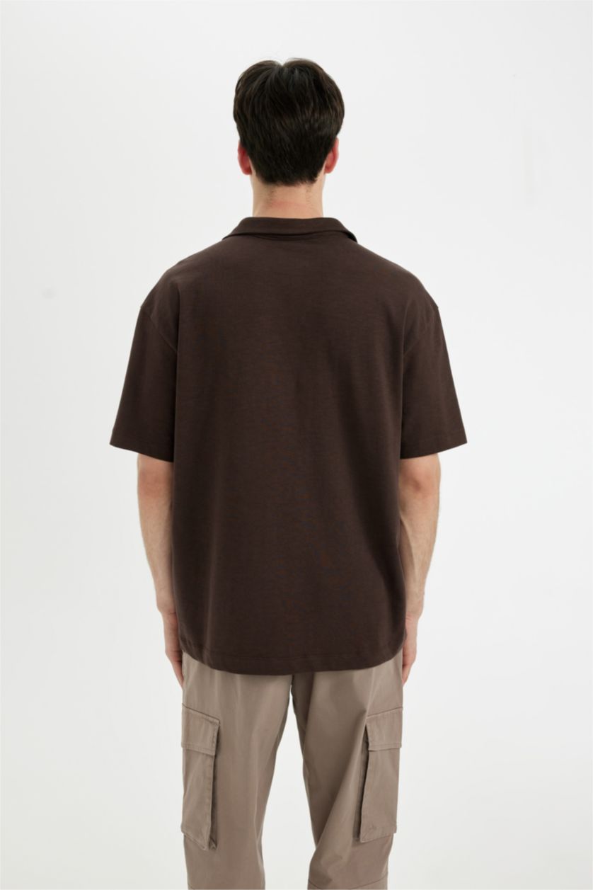 Erkek Kahve Relax Fit Basic Düz Kısa Kollu Polo Tişört