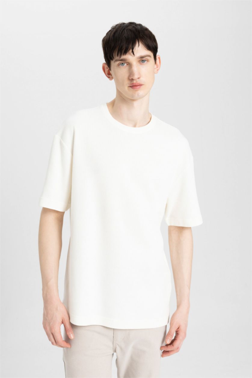 Erkek Ekru Relax Fit Bisiklet Yaka Kısa Kollu Tişört