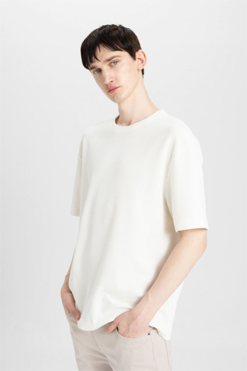 Erkek Ekru Relax Fit Bisiklet Yaka Kısa Kollu Tişört