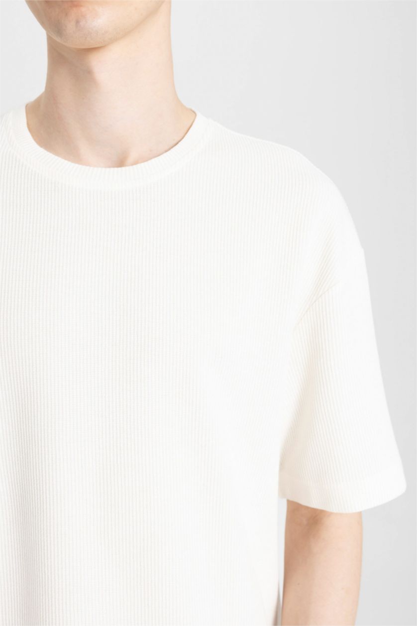 Erkek Ekru Relax Fit Bisiklet Yaka Kısa Kollu Tişört