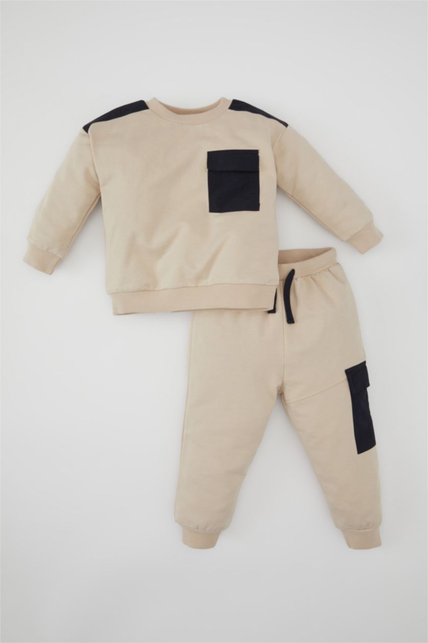 BABY BOY Beige طقم قماش رقيق قصة عادية