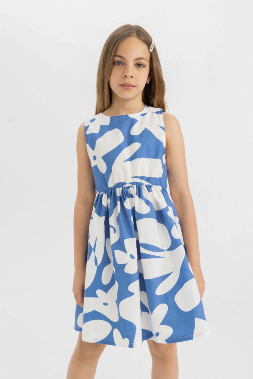Kız Çocuk - Genç Kız Mavi Poplin Kolsuz Desenli Elbise Kız Çocuk