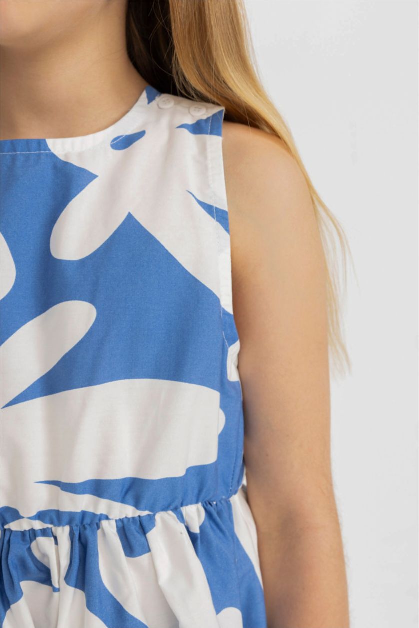 Kız Çocuk - Genç Kız Mavi Poplin Kolsuz Desenli Elbise Kız Çocuk