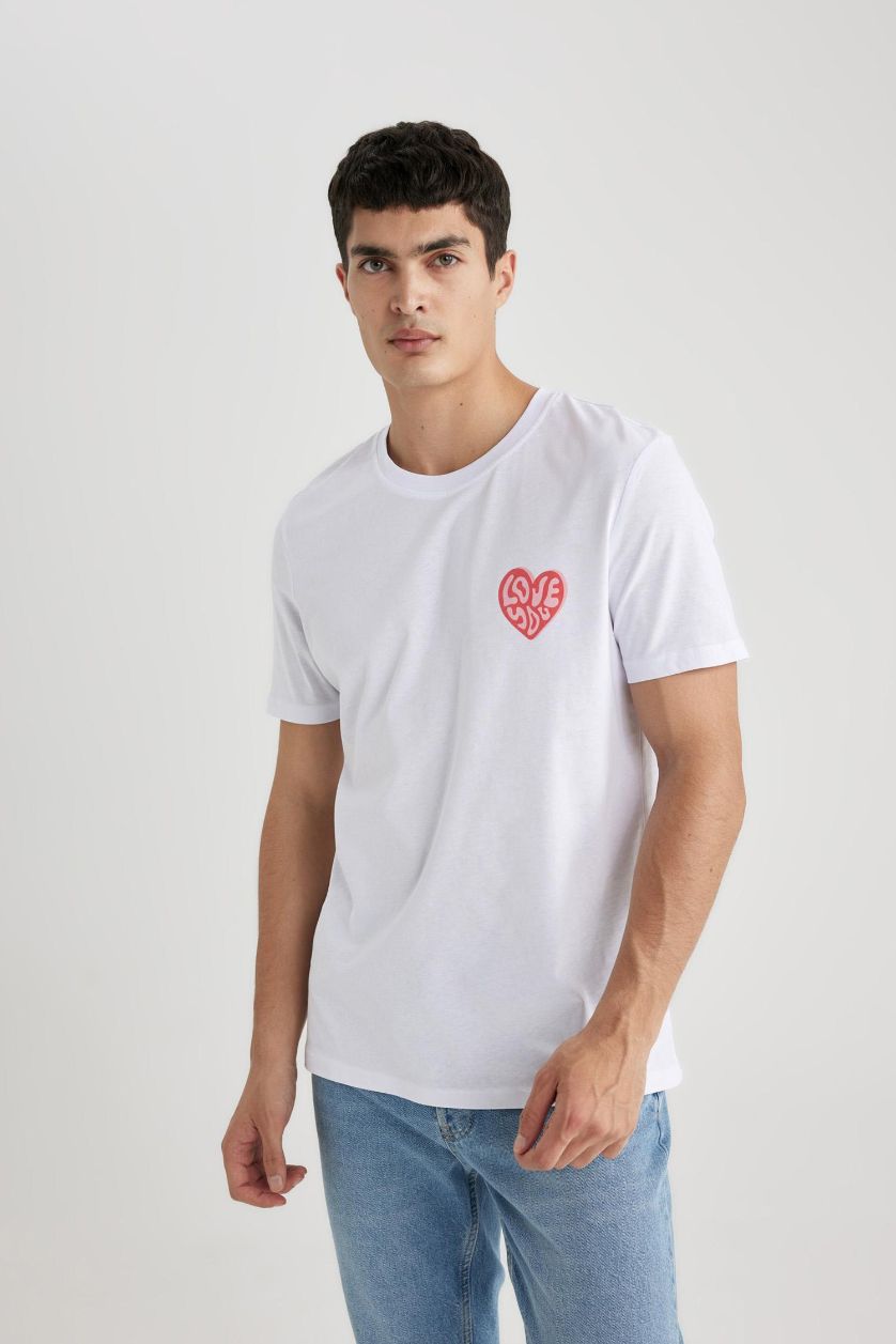 Erkek Beyaz %100 Pamuk Regular Fit Bisiklet Yaka Baskılı Kısa Kollu Tişört