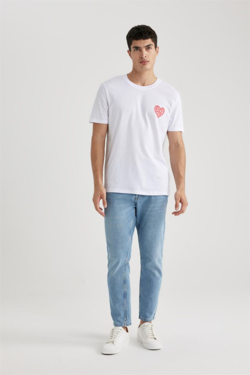 Erkek Beyaz %100 Pamuk Regular Fit Bisiklet Yaka Baskılı Kısa Kollu Tişört