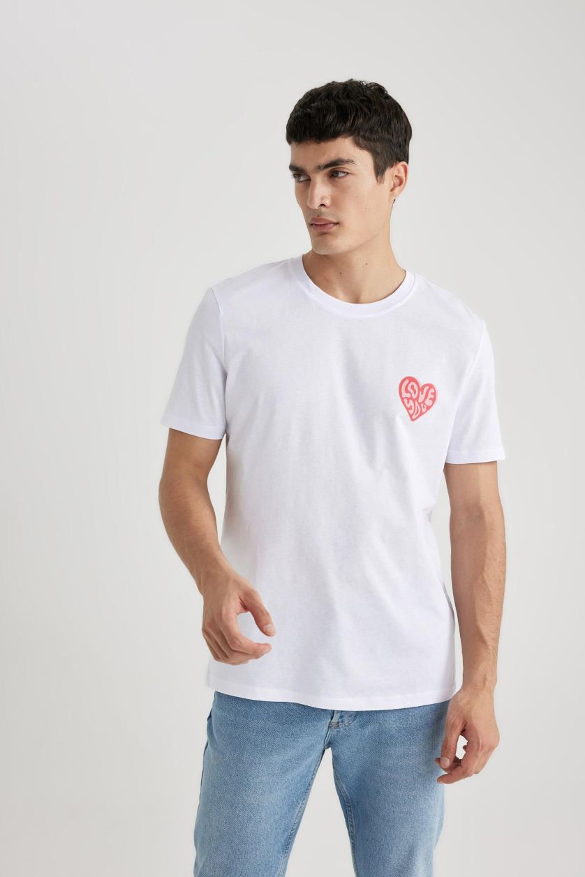 Erkek Beyaz %100 Pamuk Regular Fit Bisiklet Yaka Baskılı Kısa Kollu Tişört