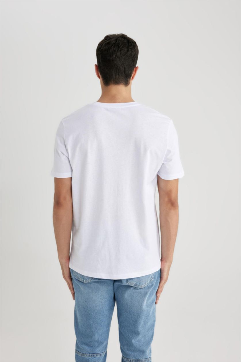 Erkek Beyaz %100 Pamuk Regular Fit Bisiklet Yaka Baskılı Kısa Kollu Tişört