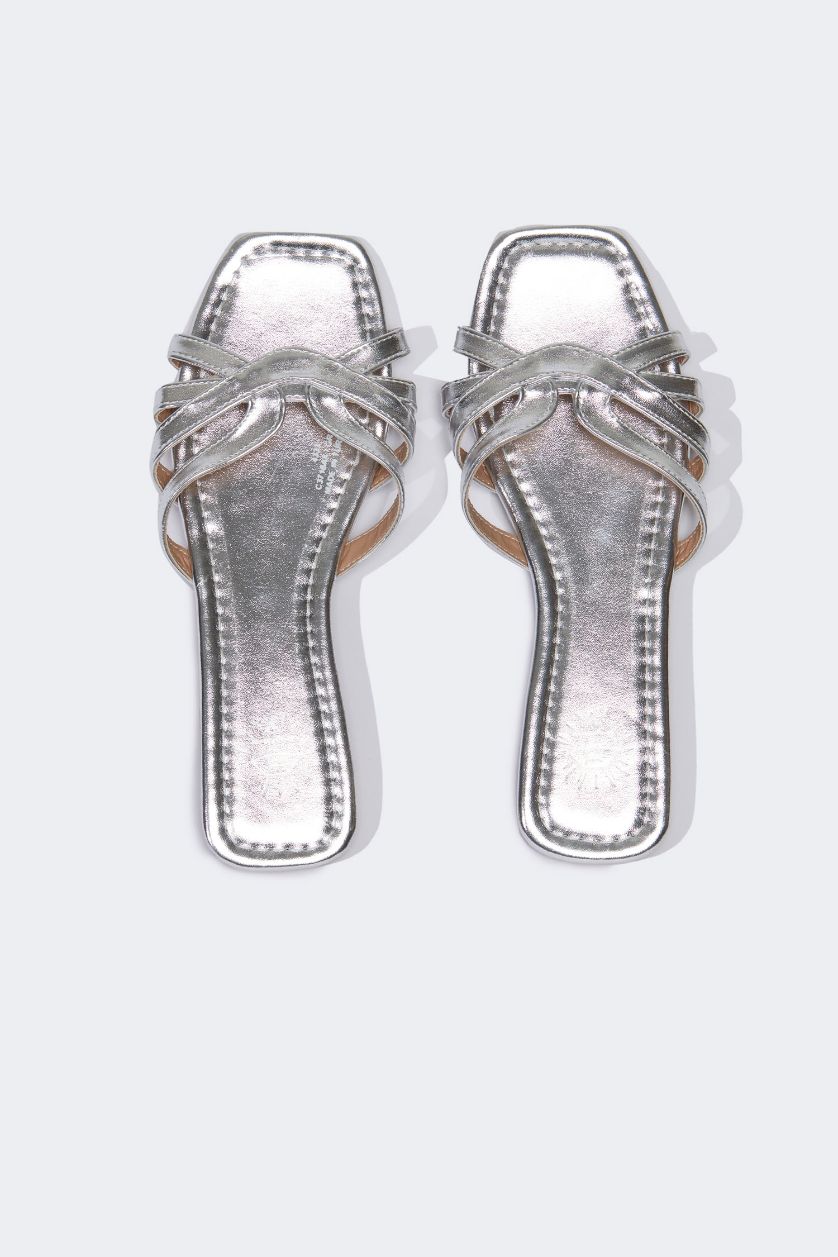 WOMAN Grey Woman Flat Sole Slip On Faux Leather Slippers