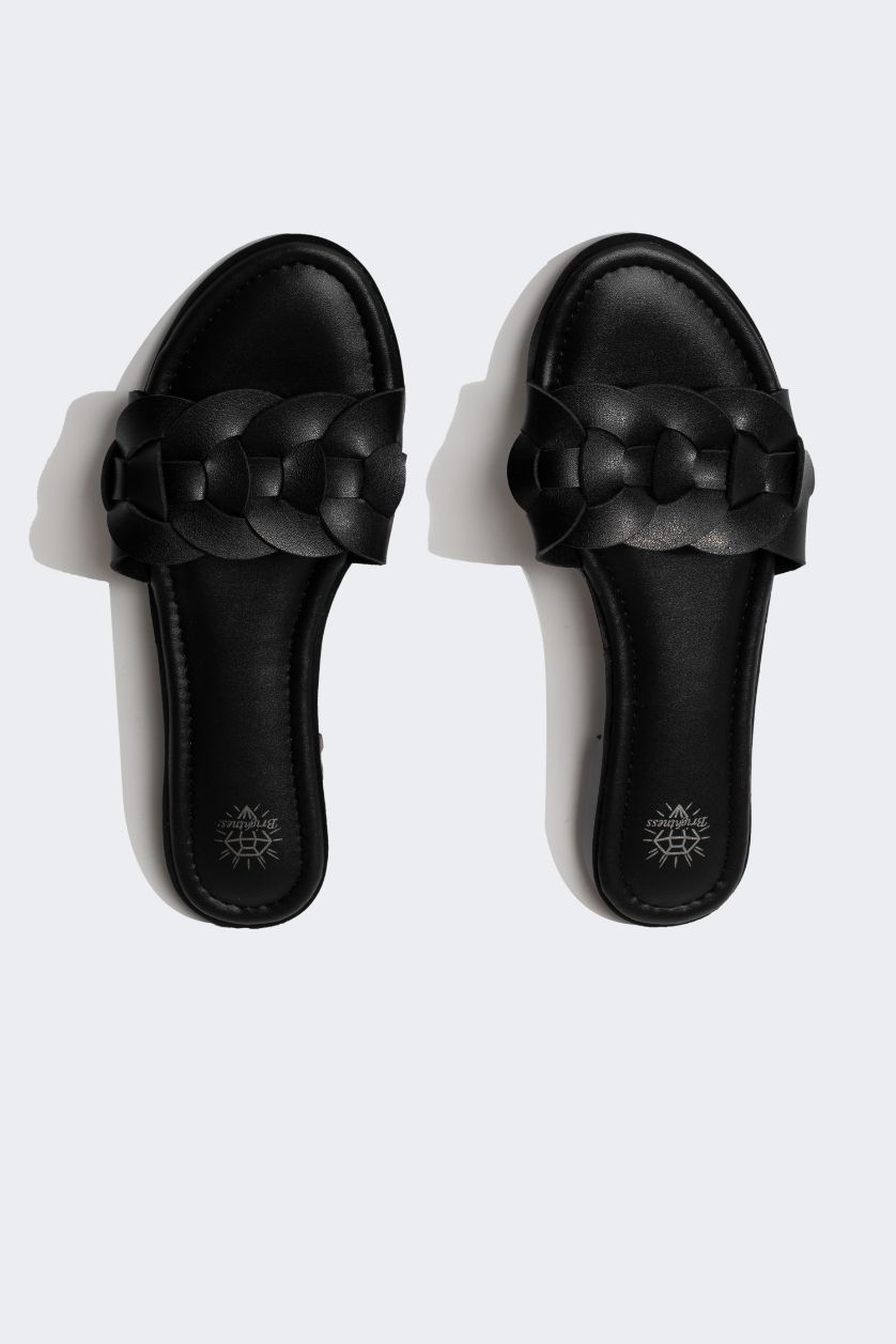 Woman Black Woman Flat Sole Single Strap Faux Leather Slippers