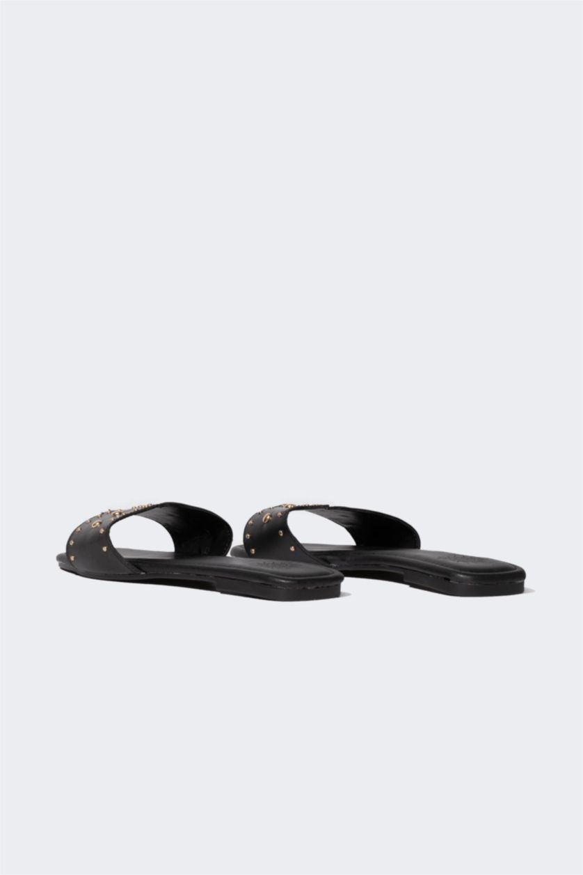 FEMME Noir Tongs en Simili-Cuir à Semelle Plate et une Seule Bande pour Femme