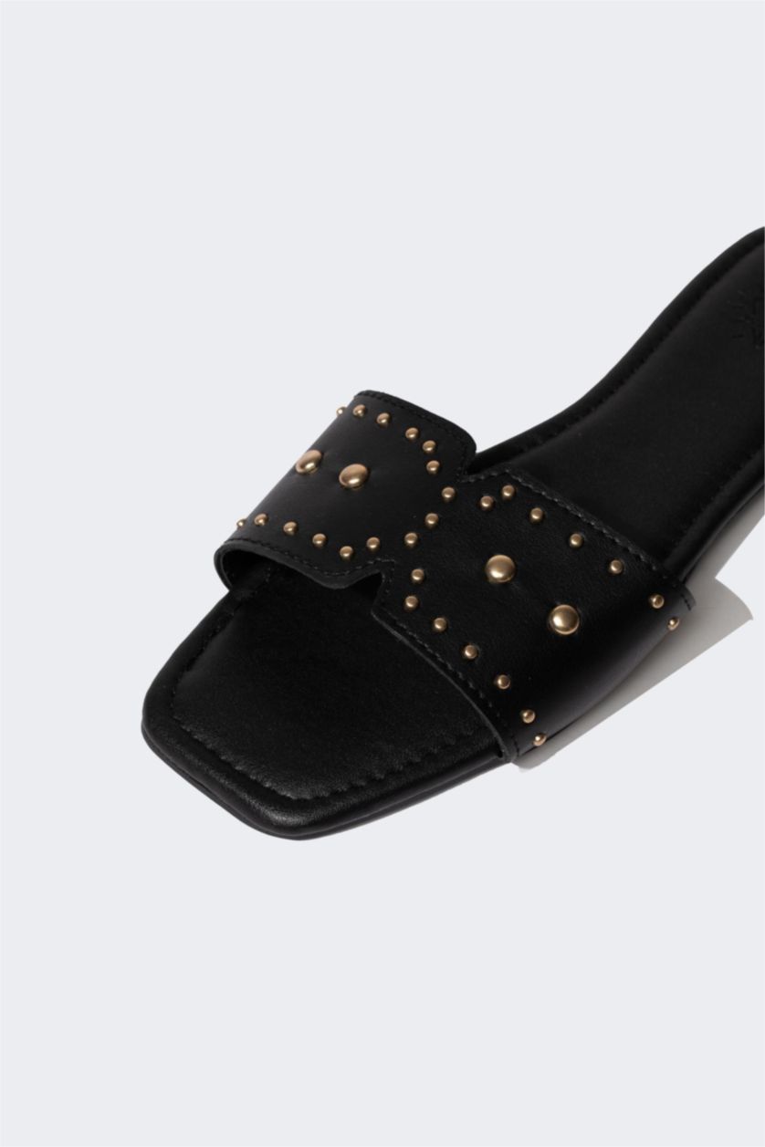 FEMME Noir Tongs en Simili-Cuir à Semelle Plate et une Seule Bande pour Femme