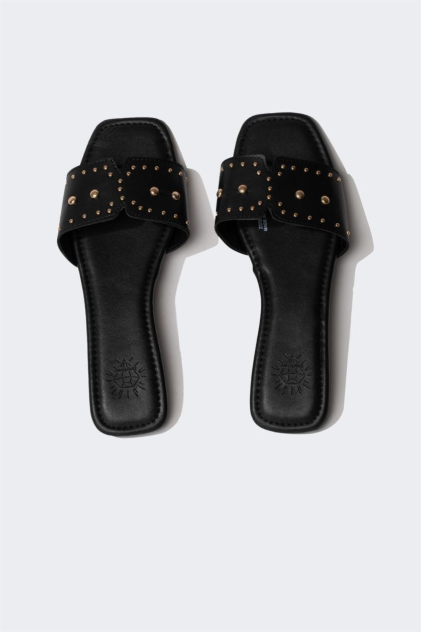 FEMME Noir Tongs en Simili-Cuir à Semelle Plate et une Seule Bande pour Femme