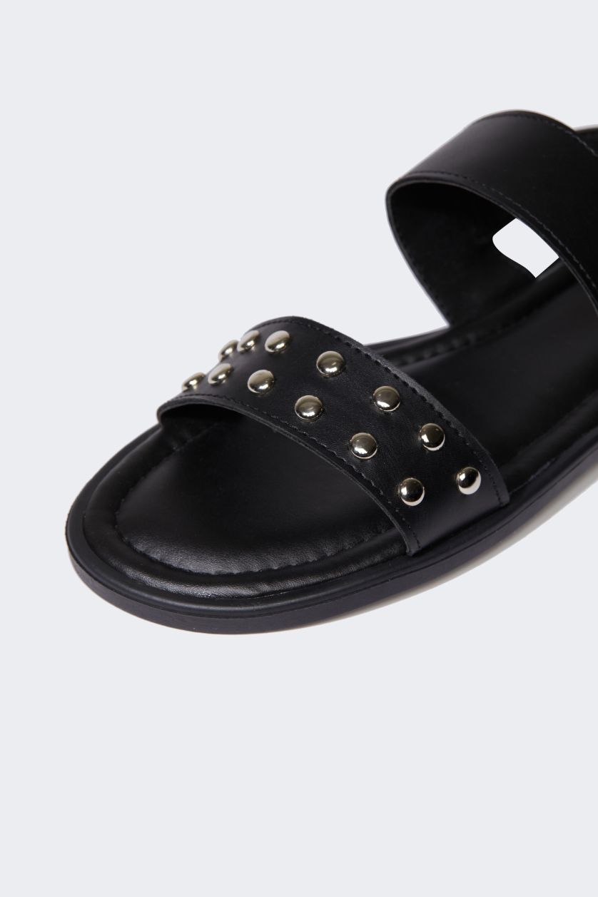 Kadın Siyah Kadın Çift Bantlı Düz Taban Suni Deri Sandalet