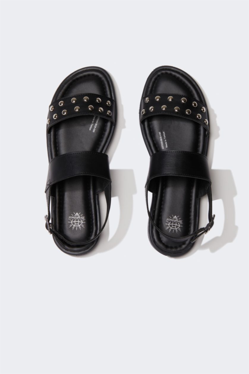 Kadın Siyah Kadın Çift Bantlı Düz Taban Suni Deri Sandalet