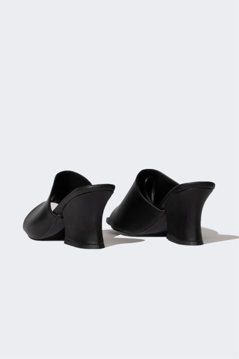 Kadın Siyah Kadın Yüksek Taban Tek Bantlı Suni Deri Topuklu Terlik