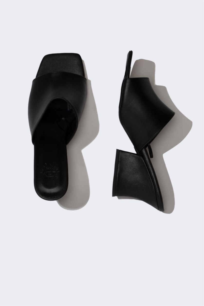 Kadın Siyah Kadın Yüksek Taban Tek Bantlı Suni Deri Topuklu Terlik