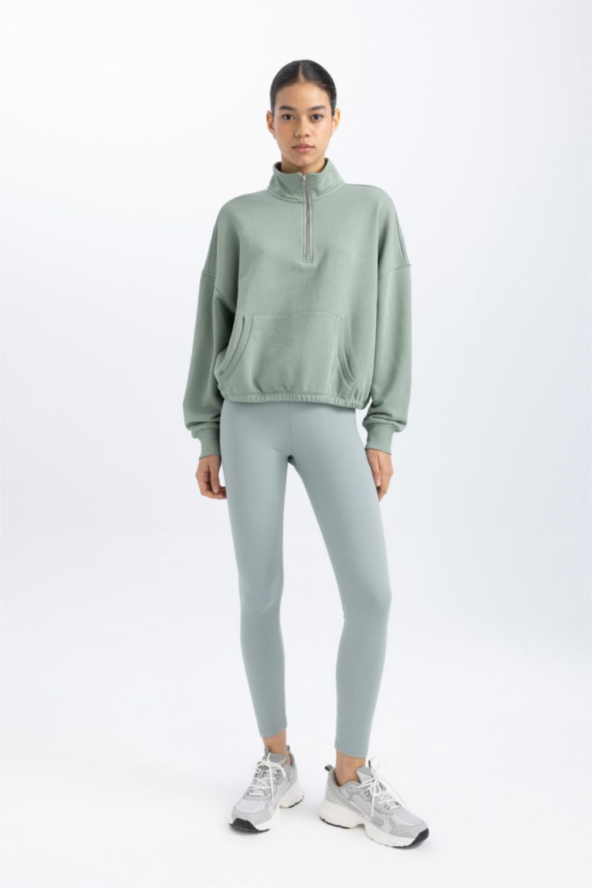 Woman Green DeFactoFit Stand Collar Sports Crop Sweatshirt