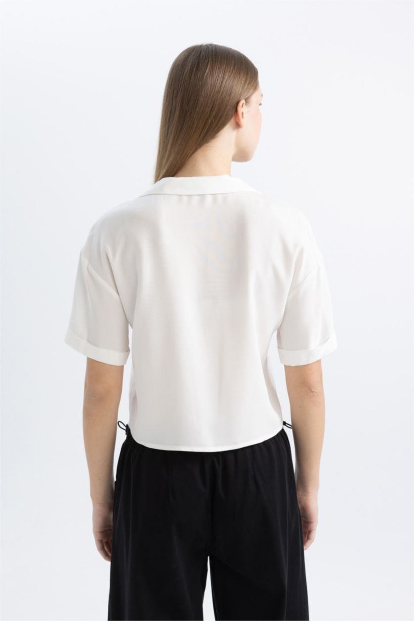 Kadın Kırık Beyaz Oversıze Pijama Yaka Kısa Kollu Gömlek