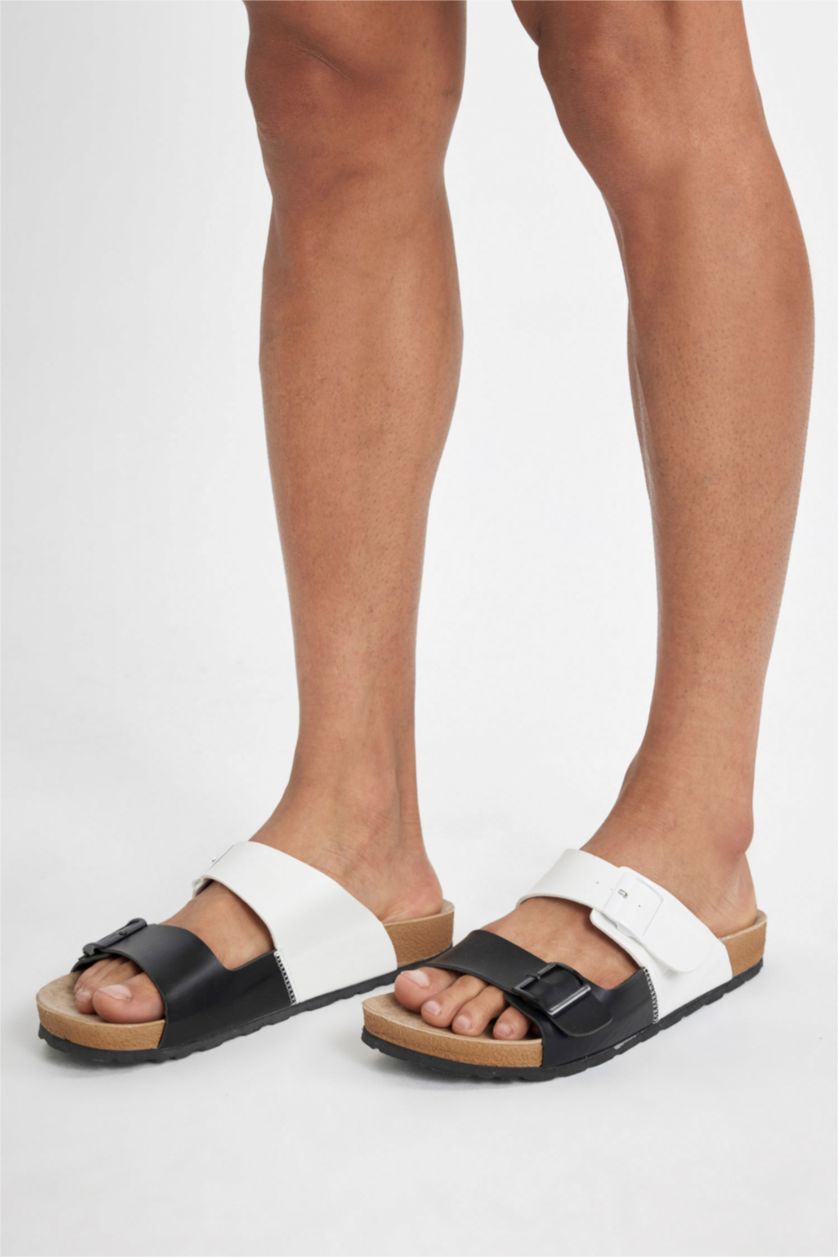 Man Karma Man Flat Sole Double Banded Faux Leather Slippers