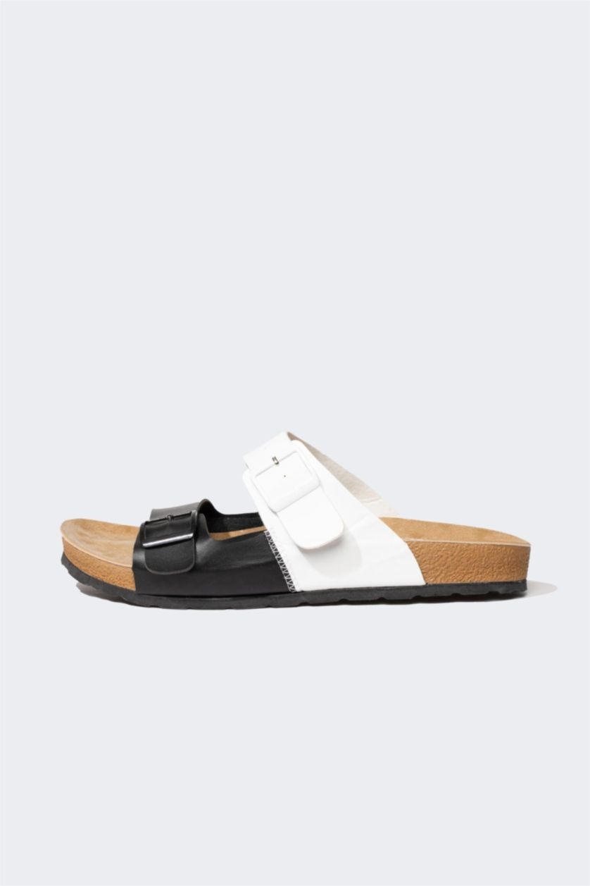 Man Karma Man Flat Sole Double Banded Faux Leather Slippers