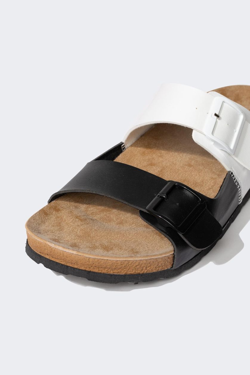 Man Karma Man Flat Sole Double Banded Faux Leather Slippers