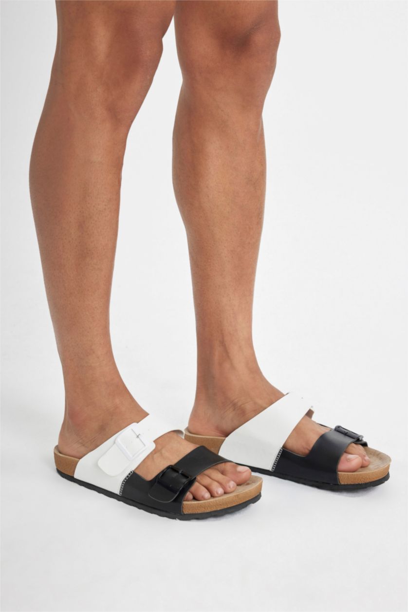 Man Karma Man Flat Sole Double Banded Faux Leather Slippers