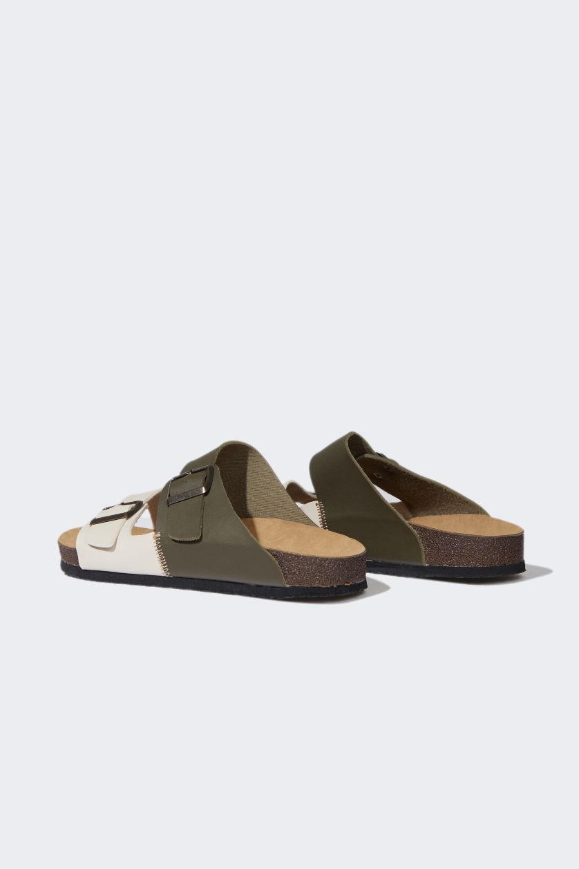 Man Beige Melange Boy Flat Sole Double Faux Leather Slippers