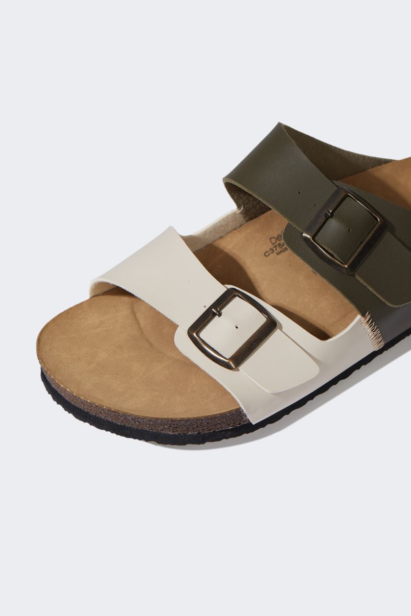 Man Beige Melange Boy Flat Sole Double Faux Leather Slippers