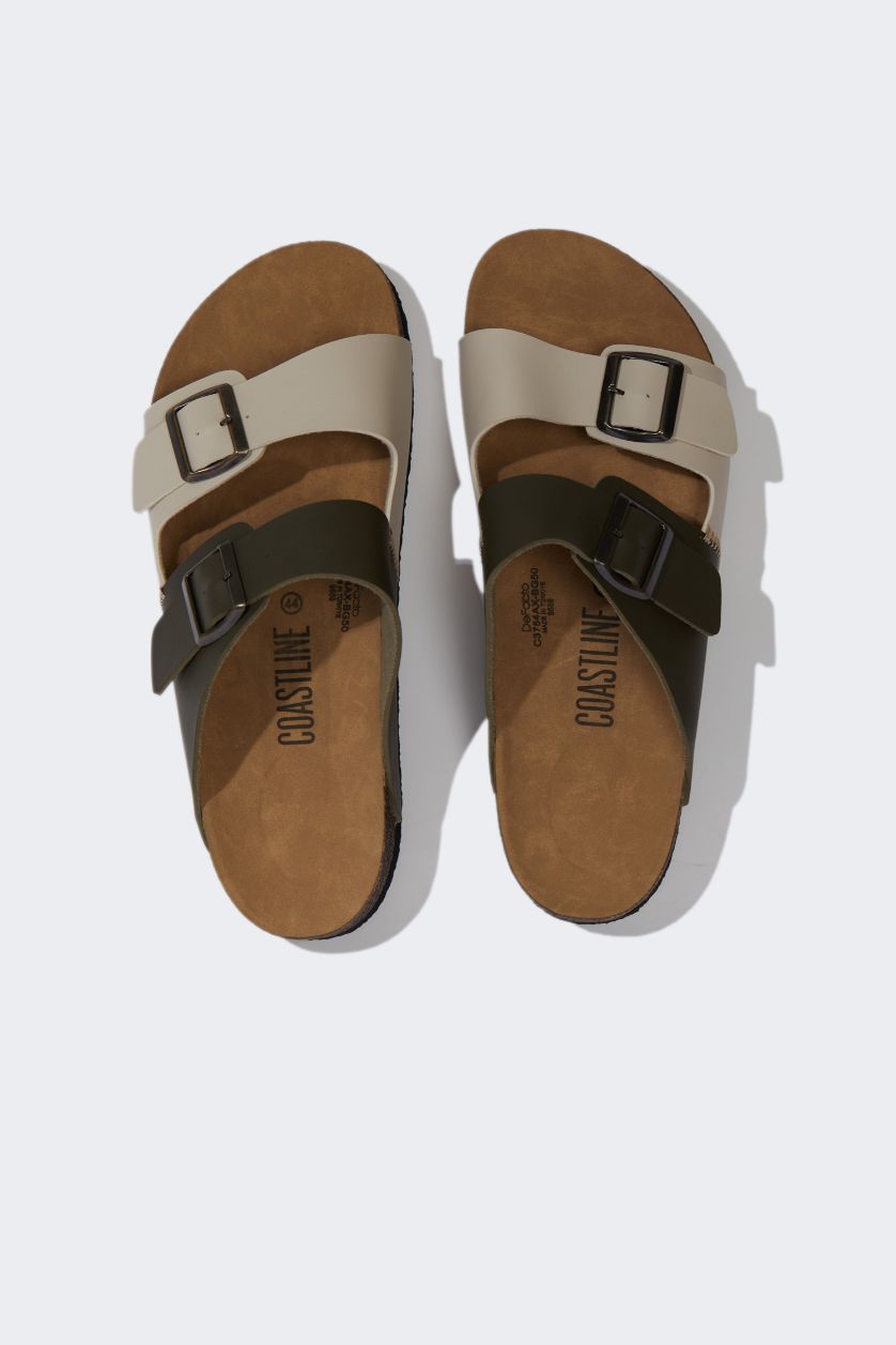 Man Beige Melange Boy Flat Sole Double Faux Leather Slippers