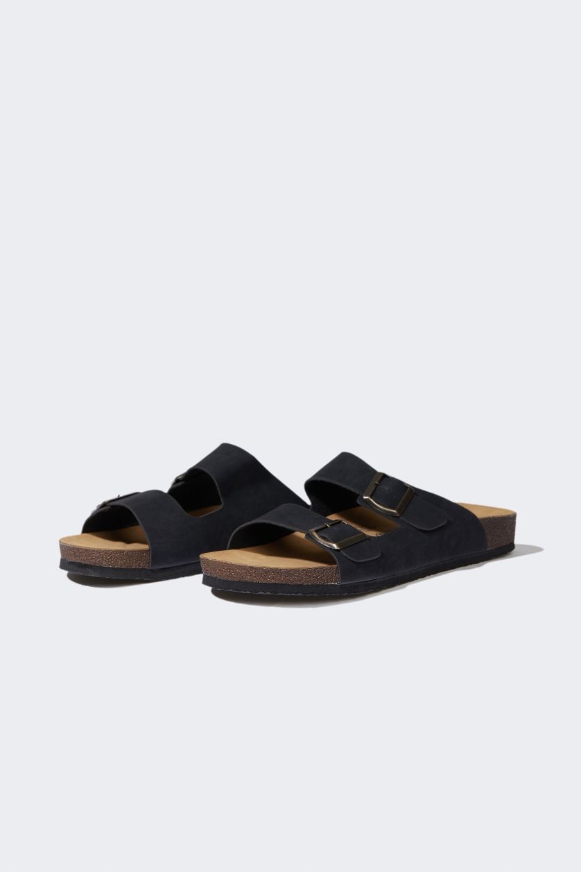 Erkek Siyah Erkek Düz Taban Çift Bantlı Suni Deri Terlik