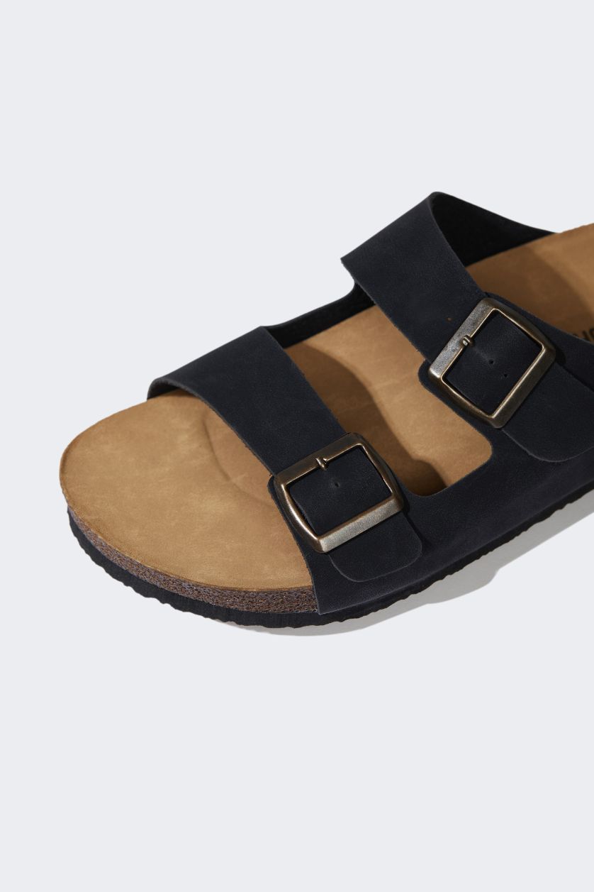 Erkek Siyah Erkek Düz Taban Çift Bantlı Suni Deri Terlik