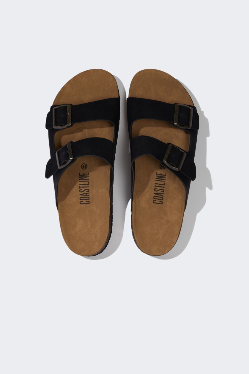 Erkek Siyah Erkek Düz Taban Çift Bantlı Suni Deri Terlik