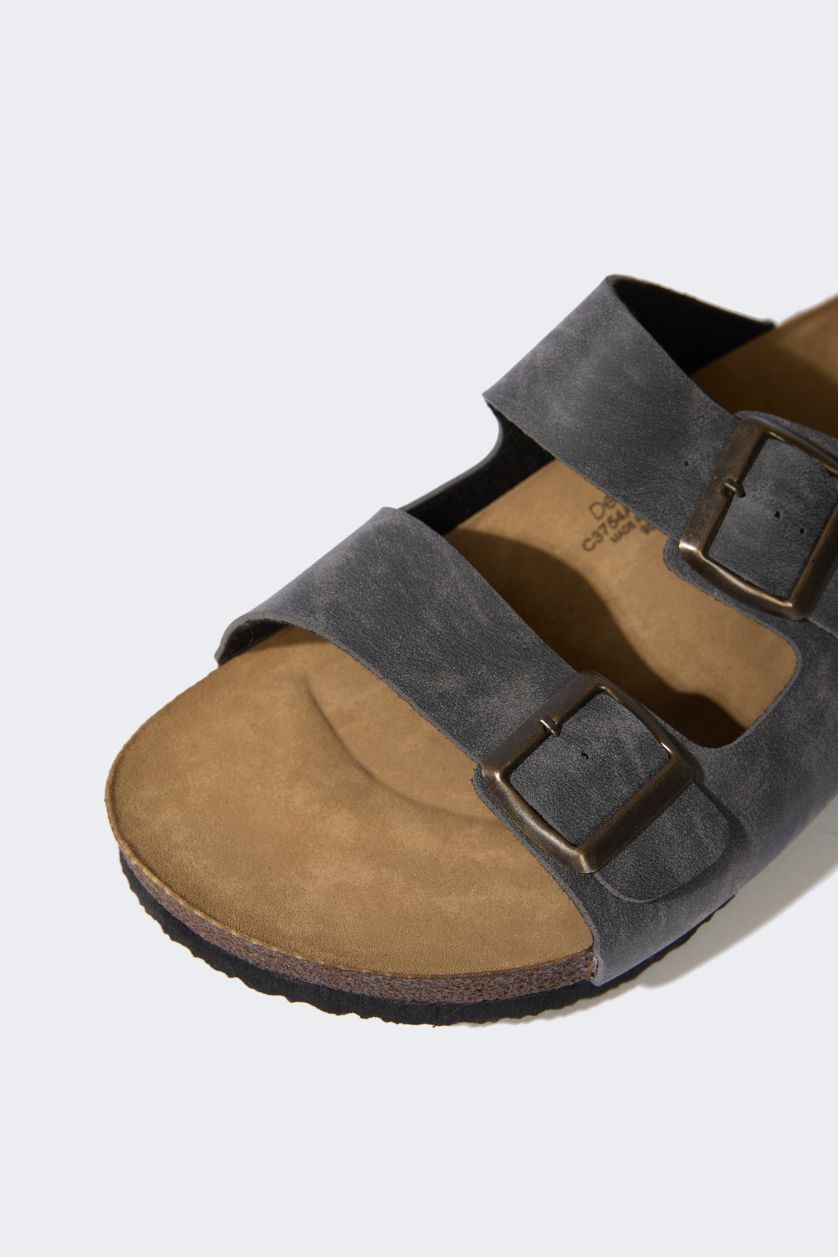 Erkek Gri Erkek Düz Taban Çift Bantlı Suni Deri Terlik