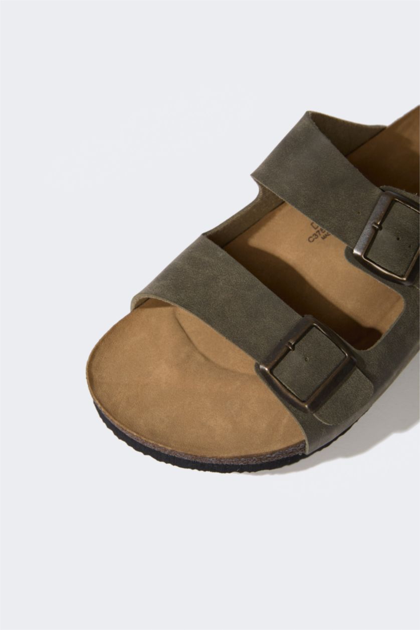 Erkek Haki Erkek Düz Taban Çift Bantlı Suni Deri Terlik