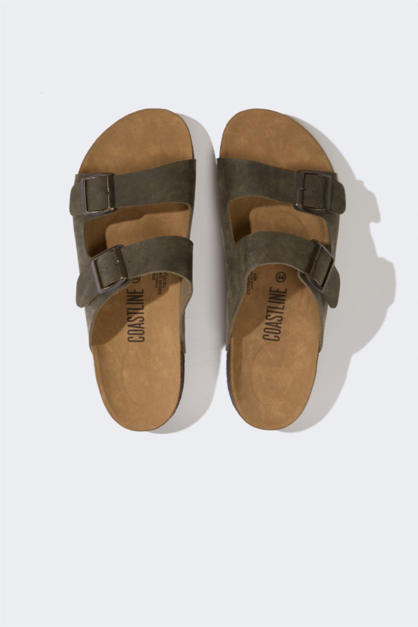 Erkek Haki Erkek Düz Taban Çift Bantlı Suni Deri Terlik