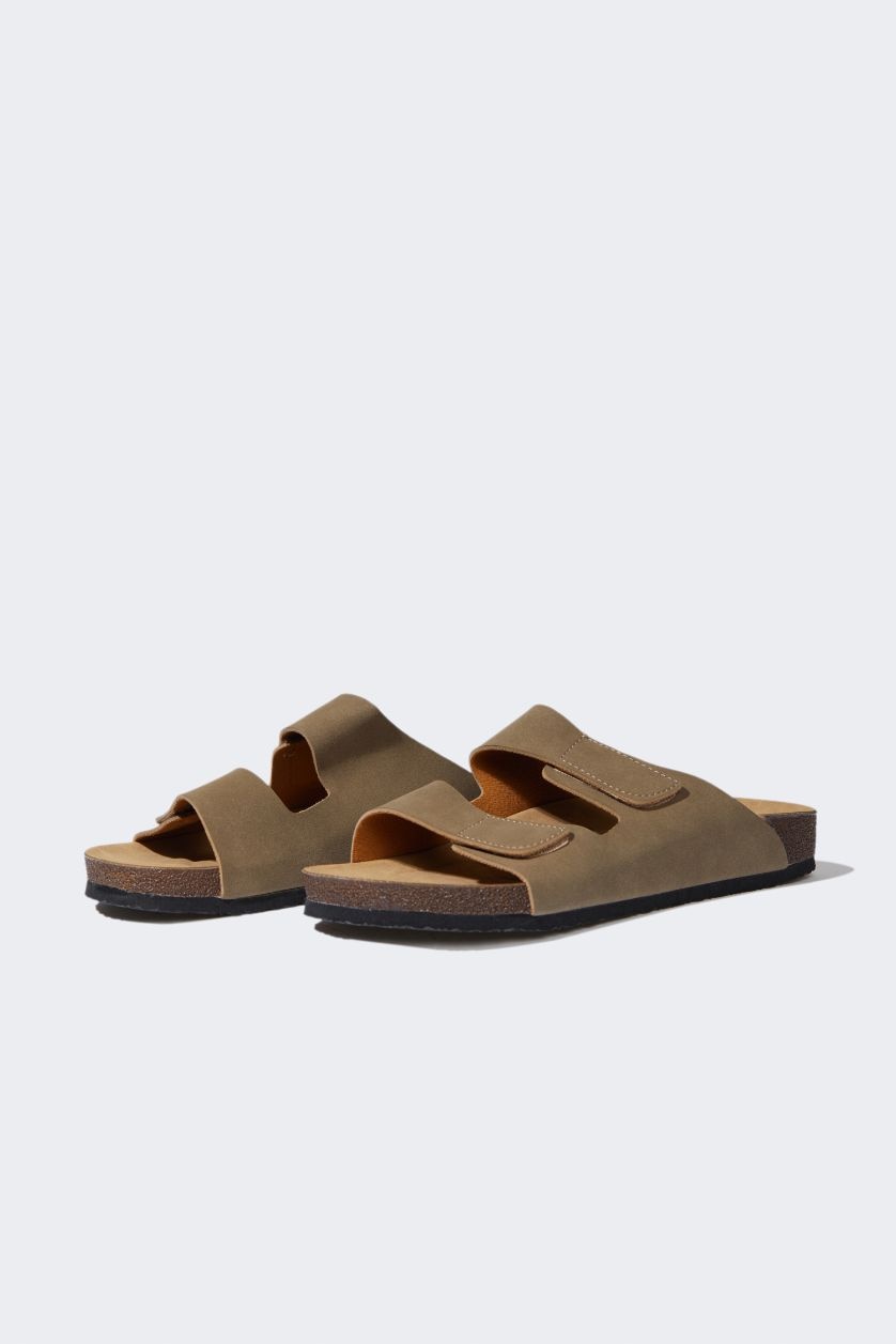 Erkek Vizon Erkek Düz Taban Çift Bantlı Suni Deri Terlik