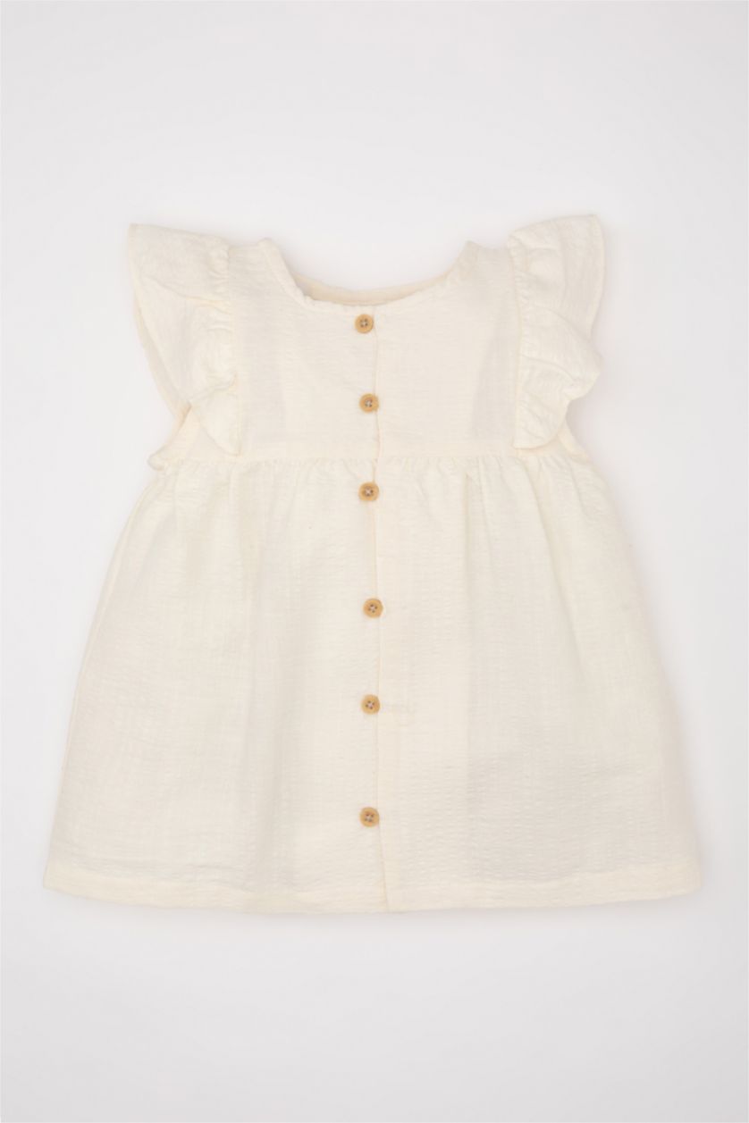 Baby Girl Sand Baby Girl Crew Neck Seersucker Textured Shirt