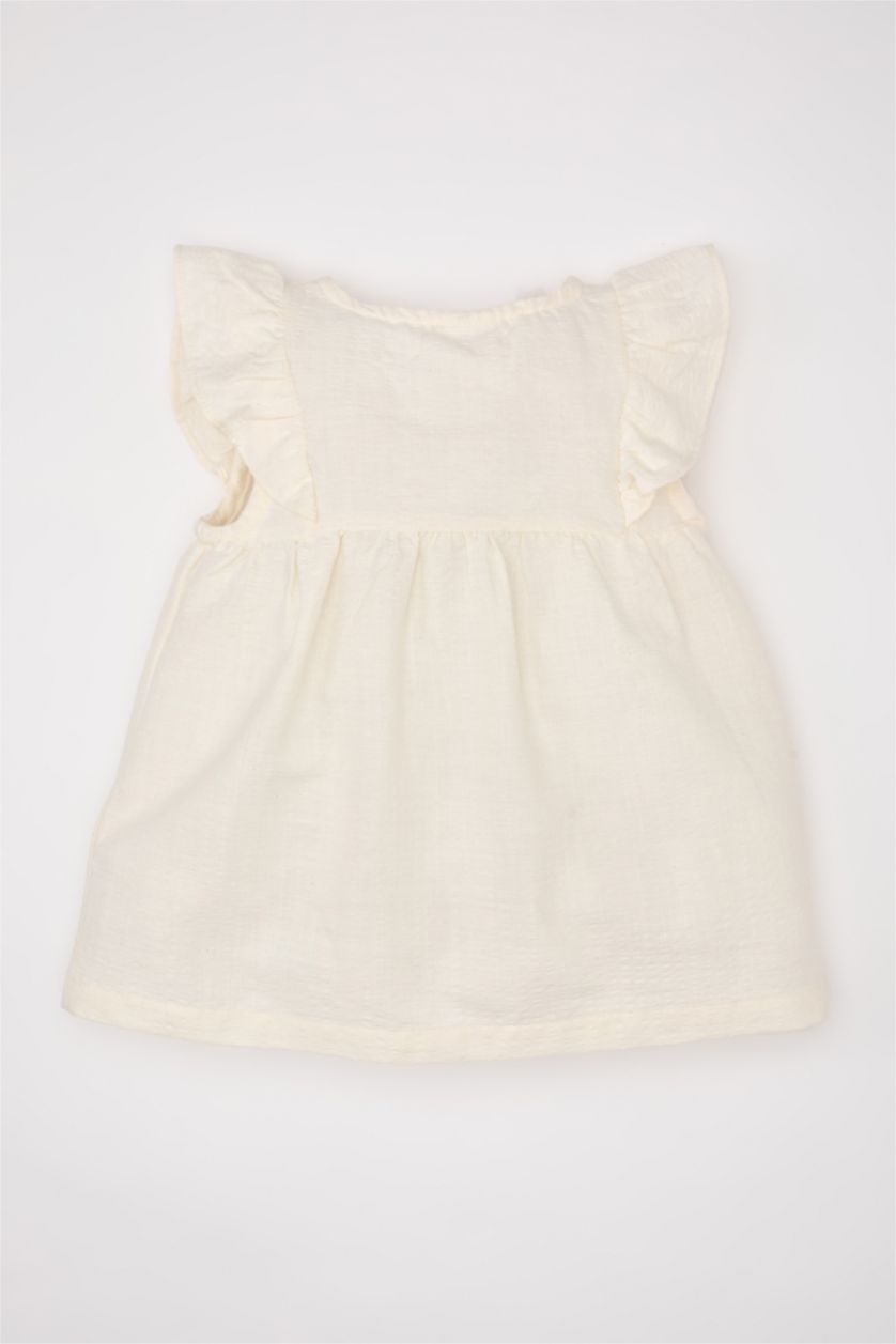 Baby Girl Sand Baby Girl Crew Neck Seersucker Textured Shirt