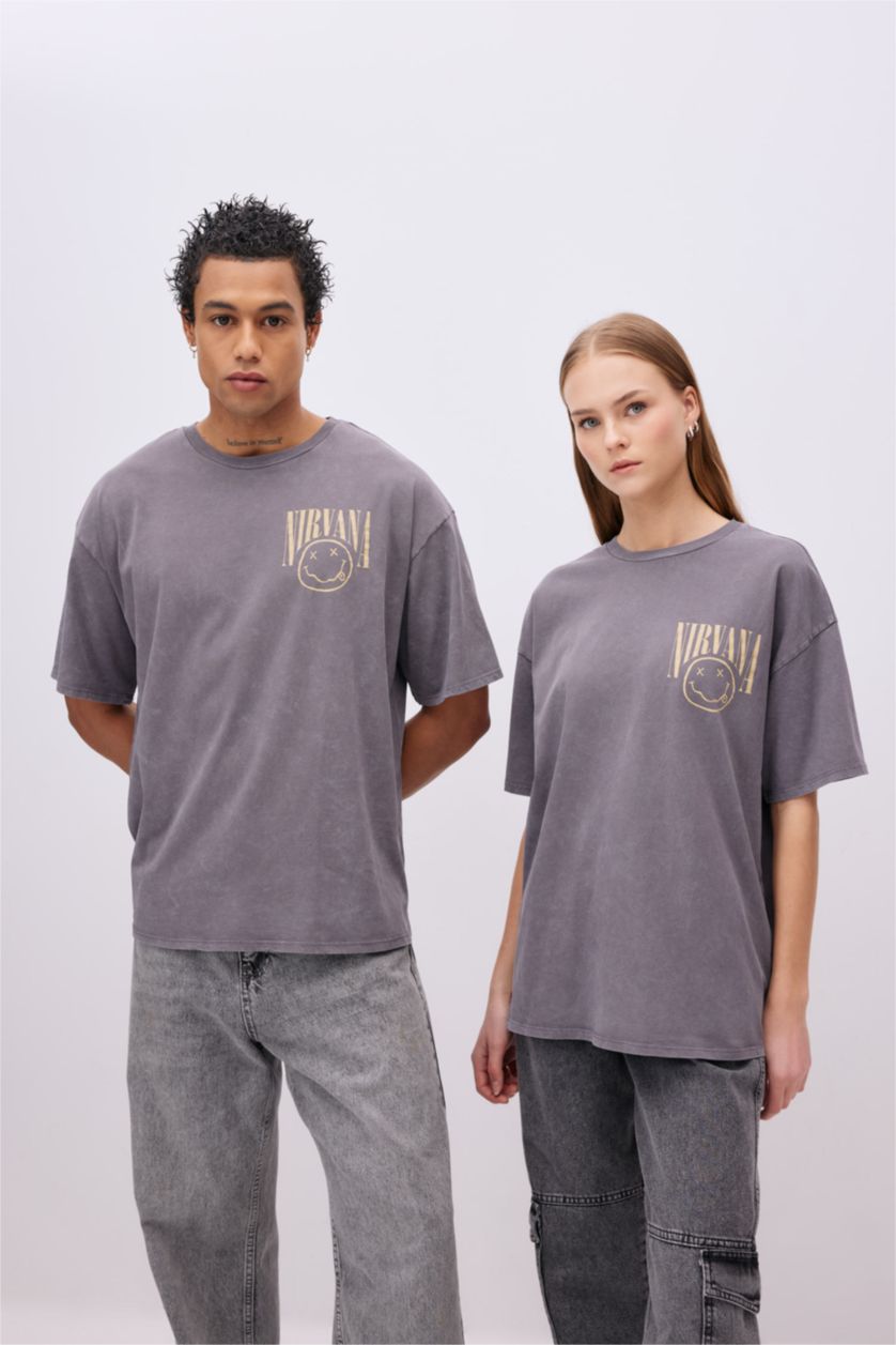 WOMAN Anthracite Nirvana Oversize Crew Neck Washed Faded Effect T-Shirt