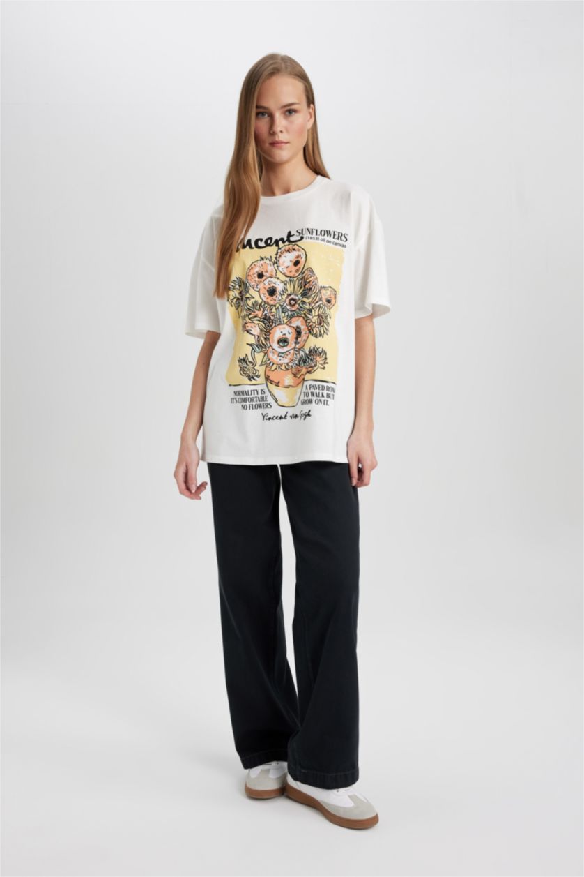 WOMAN White Van Gogh Oversize Crew Neck Short Sleeve T-Shirt