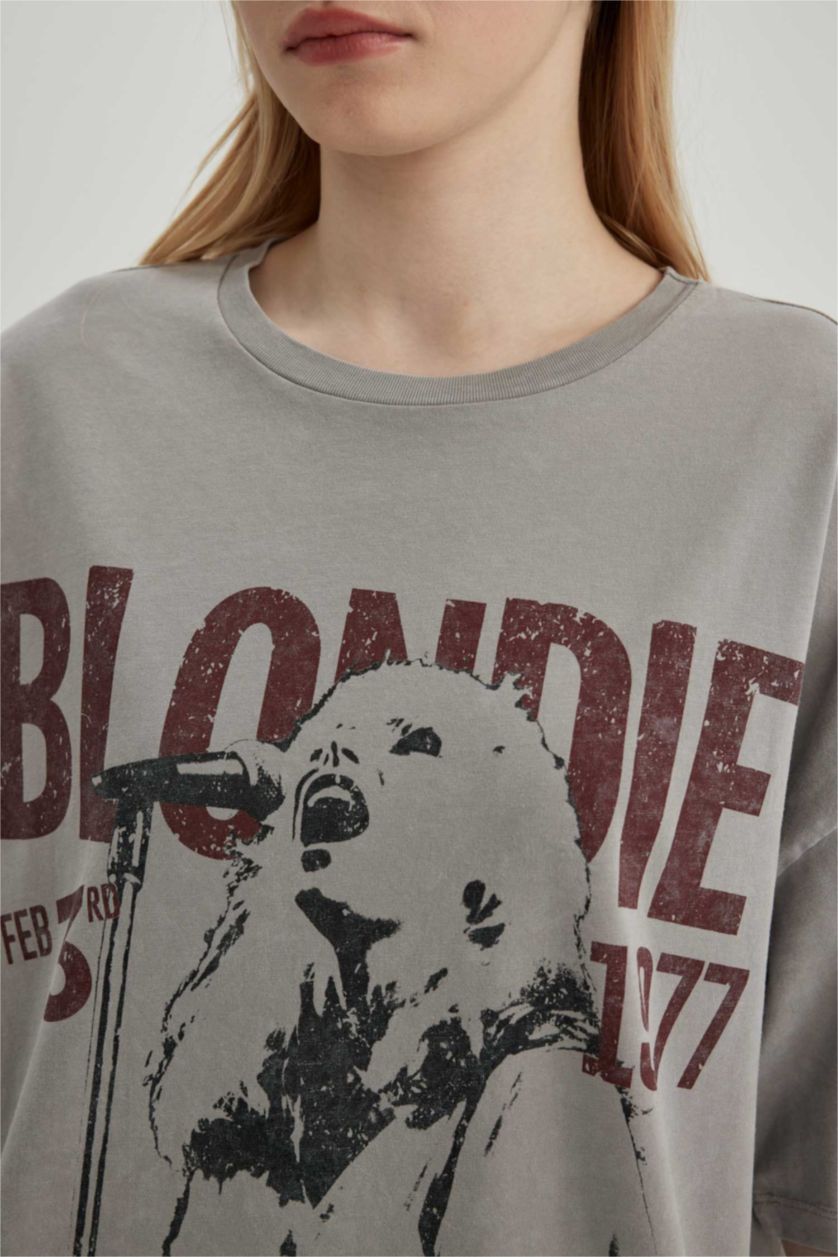 نساء رمادي فاتح Blondie Oversize Printed Washable Faded Effect T-Shirt