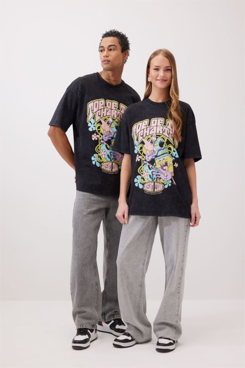 WOMAN Black Oversize Fit SpongeBob Licensed Crew Neck Printed Short Sleeve T-Shirt