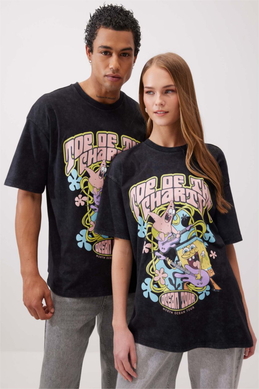 WOMAN Black Oversize Fit SpongeBob Licensed Crew Neck Printed Short Sleeve T-Shirt